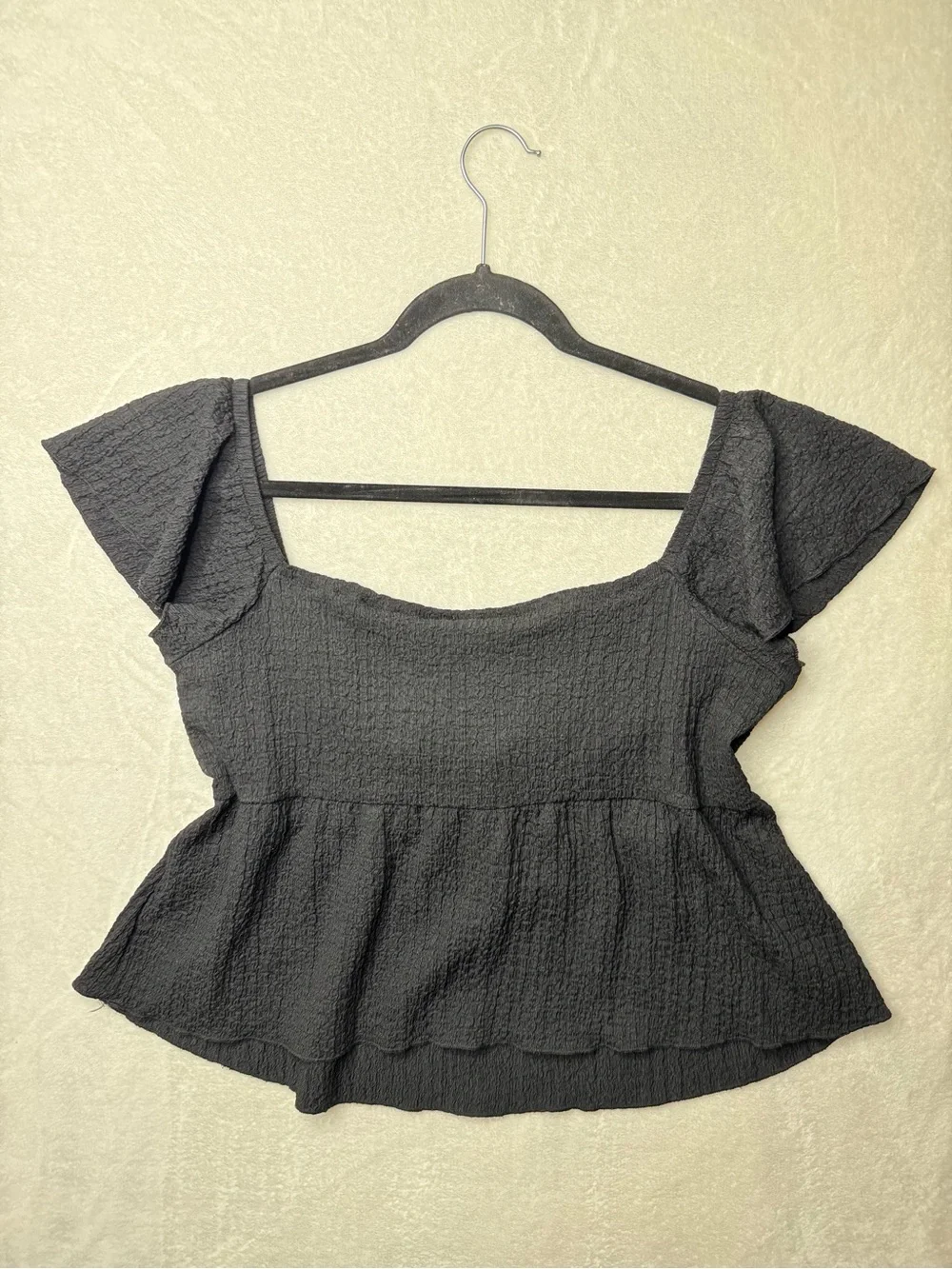 H&M - Black Smocked Peplum Square-Neck Crop Top